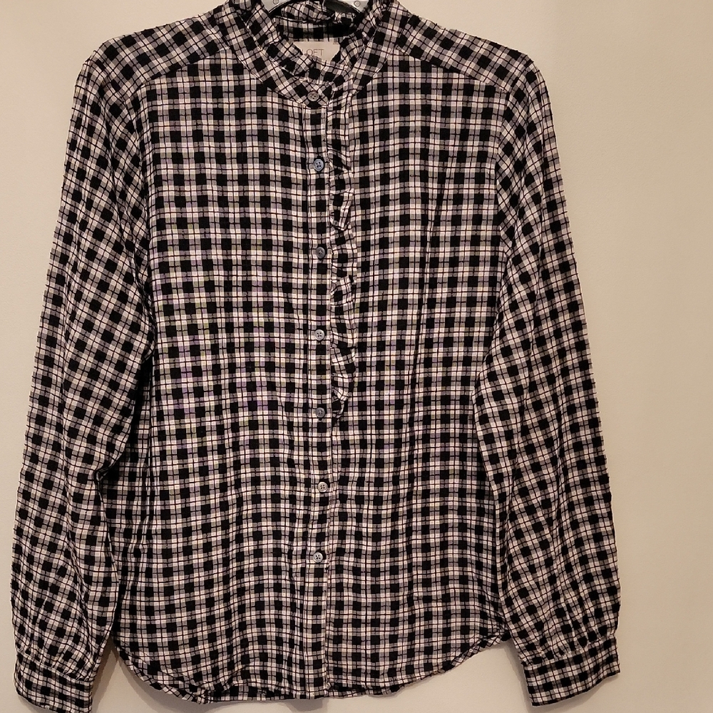 LOFT OUTLET/Black and White Check Button-Up Blouse